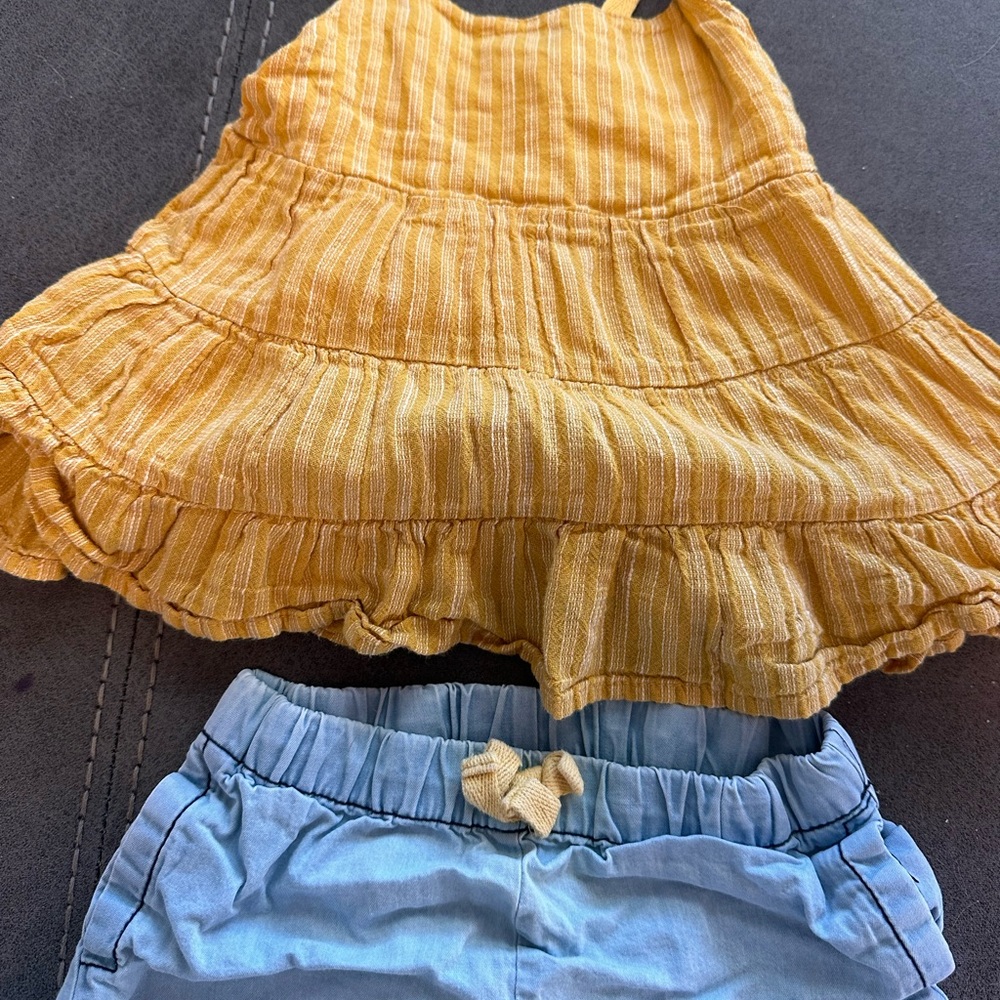 Yellow Striped Top and Blue Shorts Set